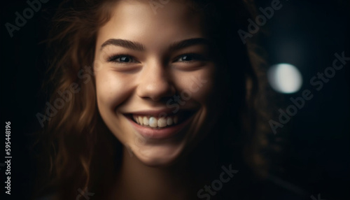 Beautiful woman with brown hair smiling cheerfully generated by AI © Stockgiu