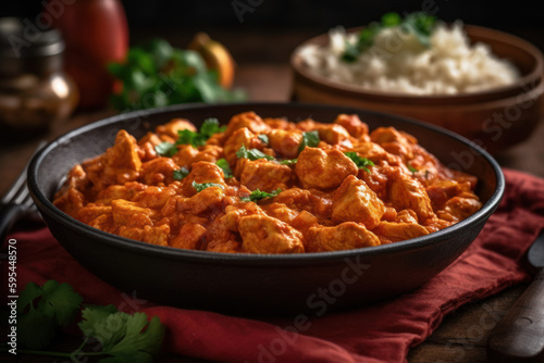 Delightful Indian Cuisine - Warm and Tasty Chicken Tikka Masala Dish with Basmati Rice - Generative AI