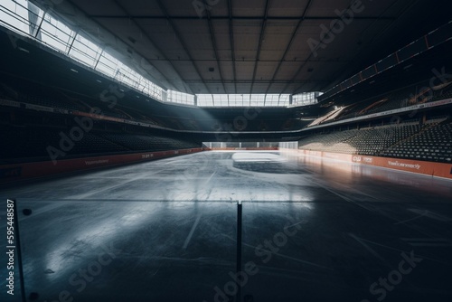A view inside the hockey stadium at the goal end. Generative AI