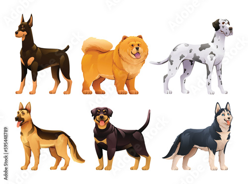 Set of different dog breeds in cartoon style
