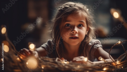 Smiling girls hold Christmas ornament, illuminating joy generated by AI © Stockgiu
