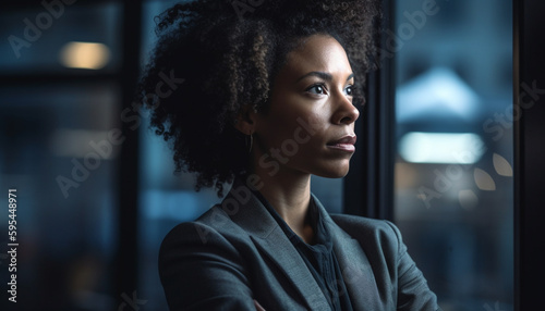 Young African American businesswoman standing by window, confident generated by AI