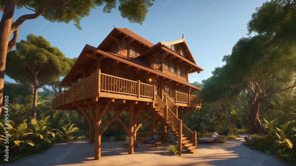 An Abstract Rendering Of A Wooden House In A Tropical Setting AI Generative