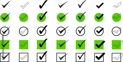 Green check mark and red cross icon set. Circle and square. Tick symbol in green color, vector illustration.