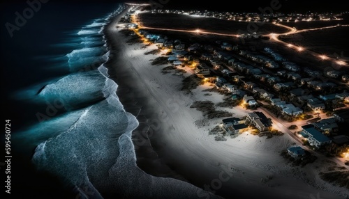 Majestic  Beach Nighttime   A Stunning Aerial View with a Touch of Fantasy  Perfect as a Background Wallpaper for Your Devices. Breathtaking Serenity Captured in Every Detail Generative AI