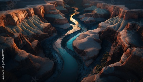 Majestic Canyon Evening : A Stunning Aerial View with a Touch of Fantasy, Perfect as a Background Wallpaper for Your Devices. Breathtaking Serenity Captured in Every Detail Generative AI