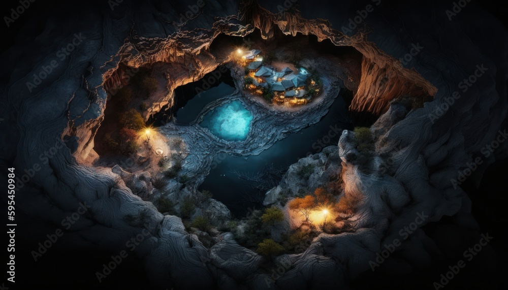 A breathtaking aerial view of the Cave Midnight captured during the serene hours, with a touch of fantasy, making it the perfect background wallpaper for your devices Generative AI