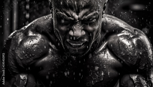 Muscular men scream triumph in muddy competition generated by AI
