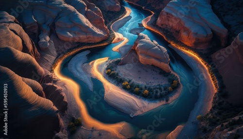 Majestic Canyon Twilight : A Stunning Aerial View with a Touch of Fantasy, Perfect as a Background Wallpaper for Your Devices. Breathtaking Serenity Captured in Every Detail Generative AI