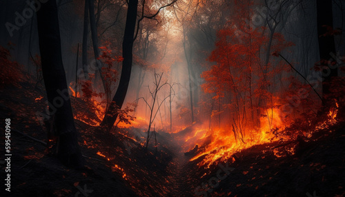 Burning forest  spooky mystery  evil darkness  horror fantasy generated by AI