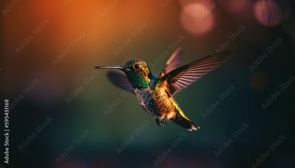Fototapeta premium Hovering hummingbird flaps iridescent wings mid air generated by AI