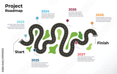Project roadmap or timeline infographic, 5 years milestone business, Roadmap