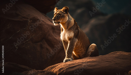 Majestic lioness sitting on savannah rock generated by AI