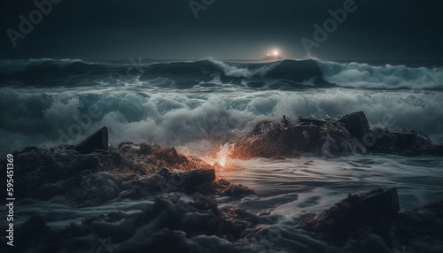 Dramatic sky, crashing waves, wet sand, mystery generated by AI