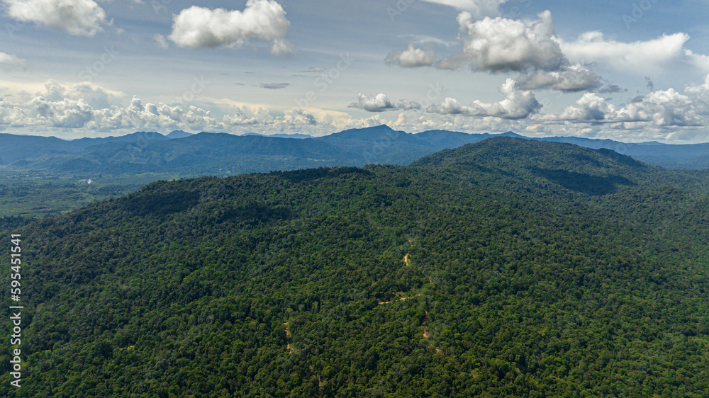 Aerial view of tropical landscape with rainforest and jungle. Borneo, Malaysia.