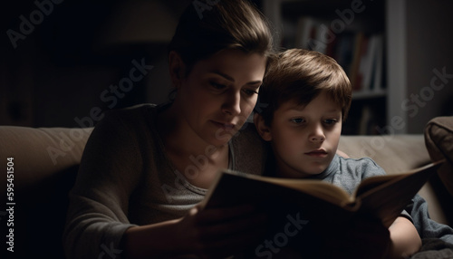 Family bonding over literature, learning and relaxation generated by AI © Stockgiu
