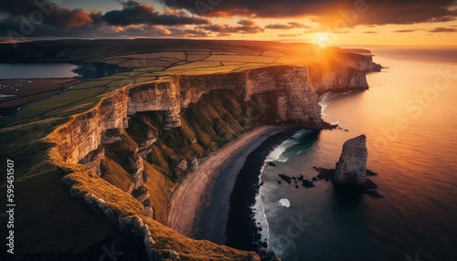 Fantasy meets serenity in this beautiful aerial Cliff Sunrise view featuring the tranquil hours, perfect as a background wallpaper for your devices Generative AI