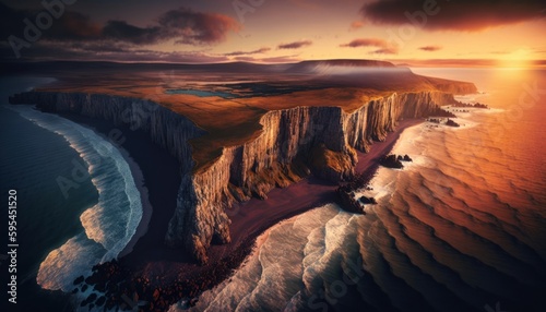 Majestic Cliff Sunset : A Stunning Aerial View with a Touch of Fantasy, Perfect as a Background Wallpaper for Your Devices. Breathtaking Serenity Captured in Every Detail Generative AI