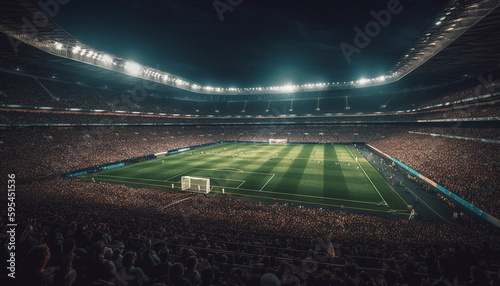 Crowded stadium, floodlit field, professional soccer match generated by AI