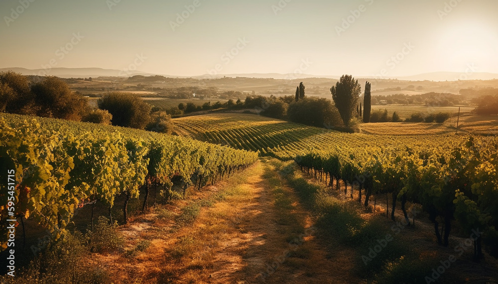 Sunset over vineyard, Italian culture in Chianti generated by AI