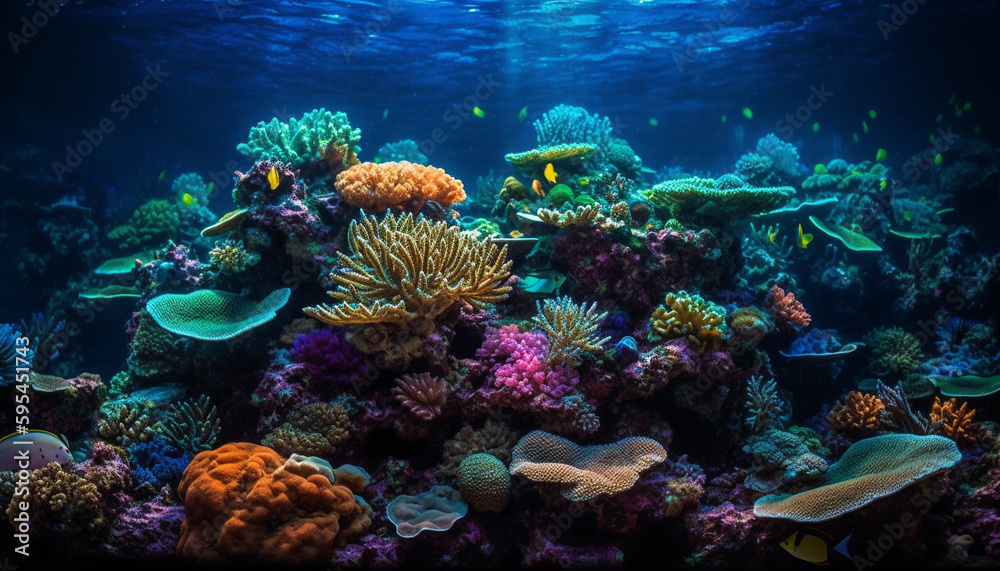Tropical fish swim in natural coral reef generated by AI