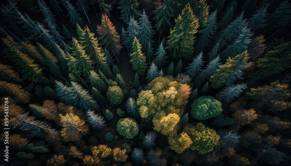 Fantasy meets serenity in this beautiful aerial Forest Afternoon view featuring the tranquil hours, perfect as a background wallpaper for your devices Generative AI