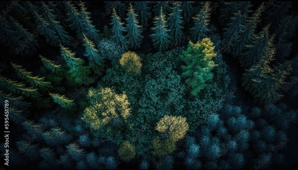 Majestic  Forest Evening : A Stunning Aerial View with a Touch of Fantasy, Perfect as a Background Wallpaper for Your Devices. Breathtaking Serenity Captured in Every Detail Generative AI