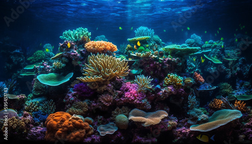 Tropical fish swim in natural coral reef generated by AI © Stockgiu