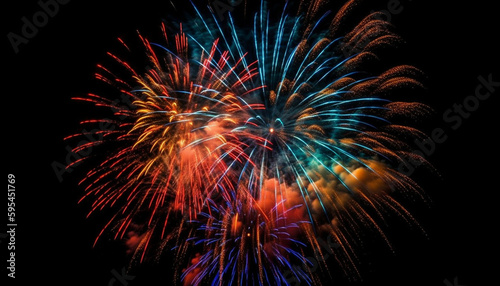 Bright colors exploding in vibrant firework display generated by AI