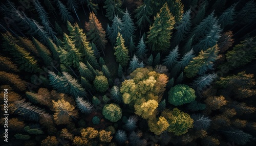 Fantasy meets serenity in this beautiful aerial Forest Afternoon view featuring the tranquil hours, perfect as a background wallpaper for your devices Generative AI © Get Stock