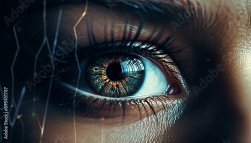 Blue eyed woman staring at camera in close up generated by AI