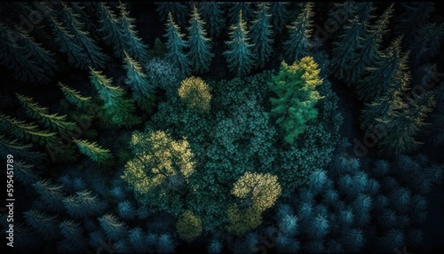 Majestic Forest Evening : A Stunning Aerial View with a Touch of Fantasy, Perfect as a Background Wallpaper for Your Devices. Breathtaking Serenity Captured in Every Detail Generative AI