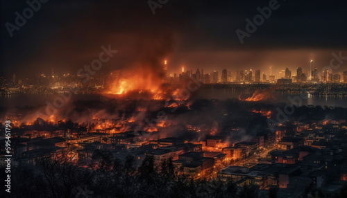 Glowing skyscraper ignites inferno in cityscape generated by AI