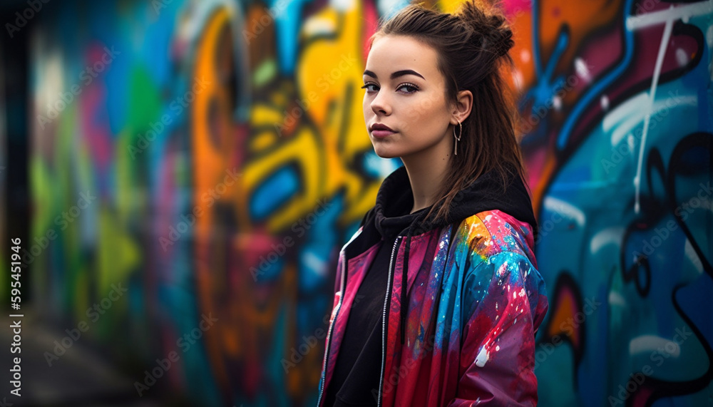 Young woman exudes confidence in funky nightlife generated by AI Young woman exudes confidence in funky nightlife generated by AI