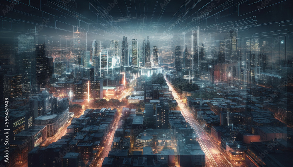 Glowing skyscrapers illuminate the futuristic city skyline generated by AI