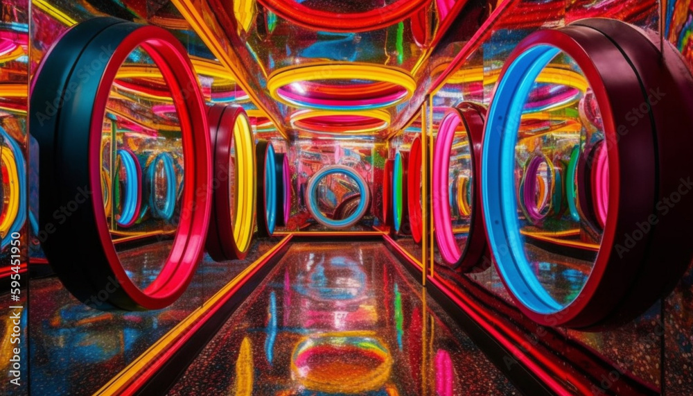 Fototapeta premium Spinning circle of vibrant colors illuminates modern machinery generated by AI