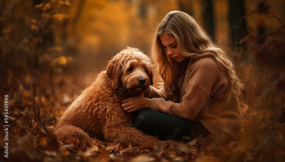 Caucasian women embracing cute autumn puppy in nature generated by AI Caucasian women embracing cute autumn puppy in nature generated by AI