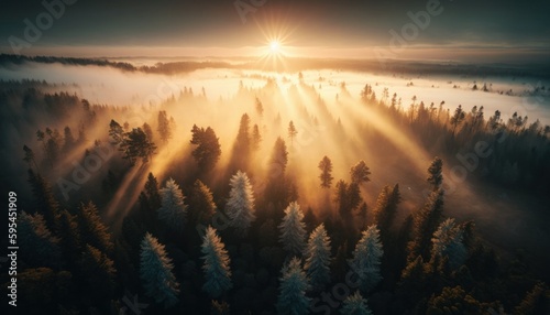 Serenity  A breathtaking aerial view of the tranquil Forest Sunrise during the serene hours  with a touch of fantasy  creating the perfect background wallpaper for your devices Generative AI