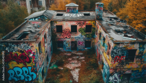 Spooky old ruin in ghetto with graffiti generated by AI © Jeronimo Ramos