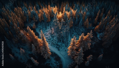 Majestic  Forest Twilight   A Stunning Aerial View with a Touch of Fantasy  Perfect as a Background Wallpaper for Your Devices. Breathtaking Serenity Captured in Every Detail Generative AI