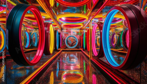 Spinning circle of vibrant colors illuminates modern machinery generated by AI