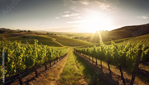 Sunset over vineyard, tranquil scene of beauty generated by AI