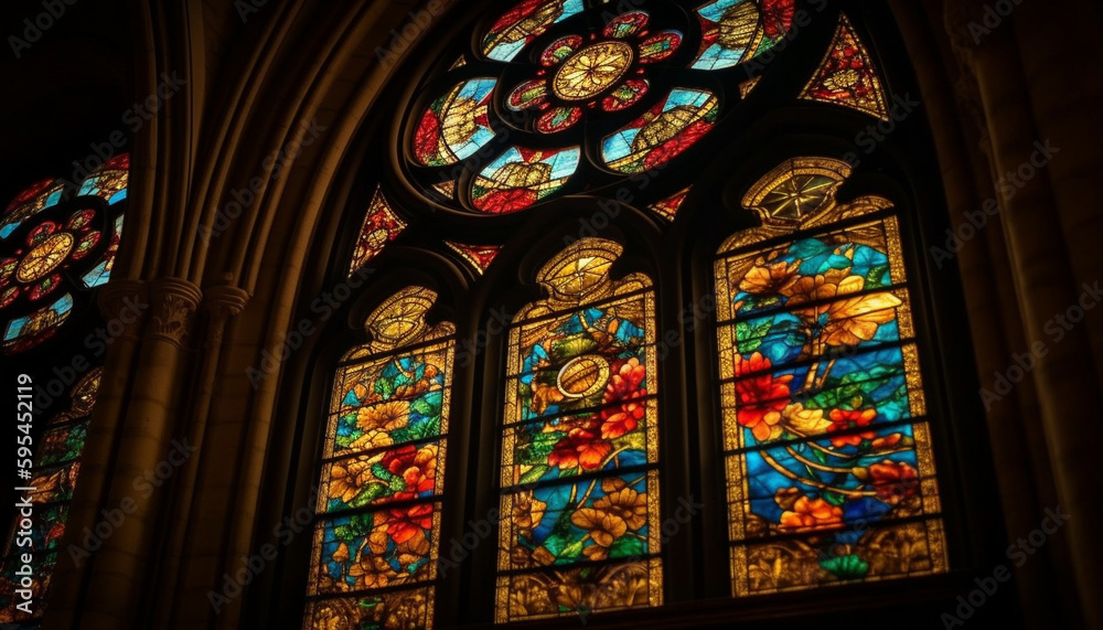 Stained glass window illuminates ancient Gothic chapel generated by AI