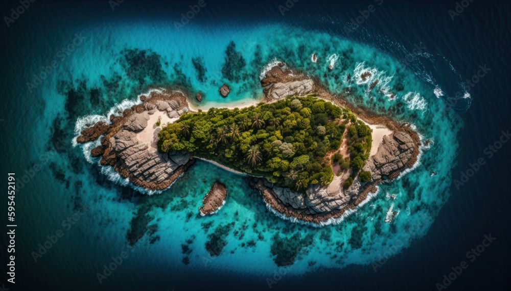 Serenity: A breathtaking aerial view of the tranquil Island Midday during the serene hours, with a touch of fantasy, creating the perfect background wallpaper for your devices Generative AI