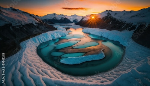 Majestic  Glacier Sunset   A Stunning Aerial View with a Touch of Fantasy  Perfect as a Background Wallpaper for Your Devices. Breathtaking Serenity Captured in Every Detail Generative AI
