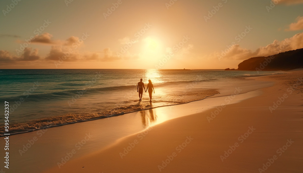 Silhouette couple walking waters edge at sunset generated by AI