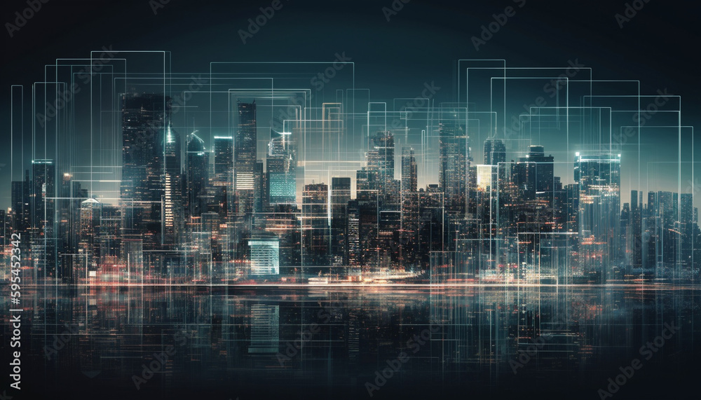 Glowing skyscrapers shape the modern cityscape backdrop generated by AI