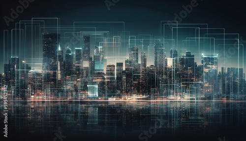 Glowing skyscrapers shape the modern cityscape backdrop generated by AI