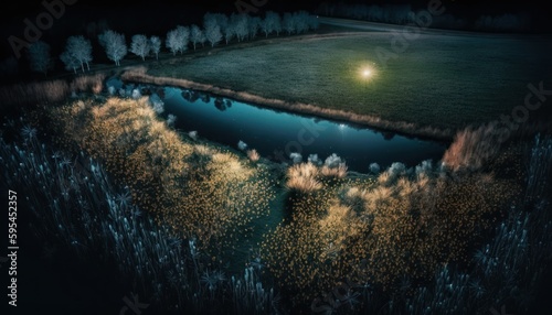 Majestic Meadow Midnight : A Stunning Aerial View with a Touch of Fantasy, Perfect as a Background Wallpaper for Your Devices. Breathtaking Serenity Captured in Every Detail Generative AI