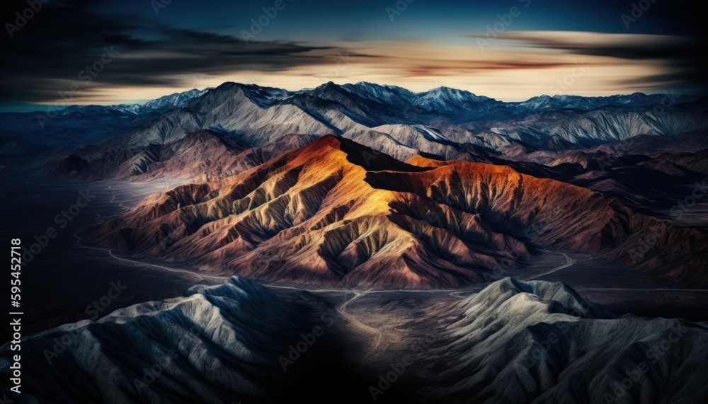 Majestic  Mountain range Twilight : A Stunning Aerial View with a Touch of Fantasy, Perfect as a Background Wallpaper for Your Devices. Breathtaking Serenity Captured in Every Detail Generative AI